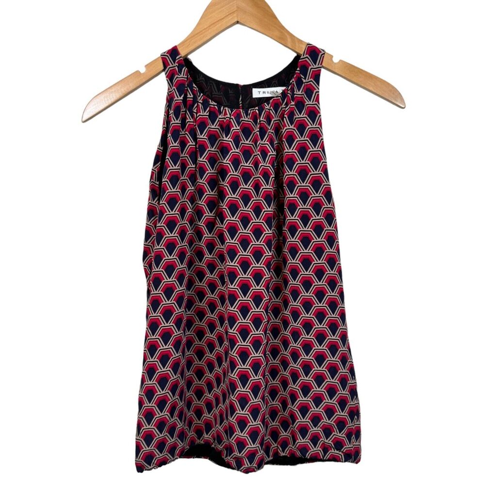 Trina Turk Blouse Top Womens Petite 100%‎ Silk Sleeveless Lined Red Geometric